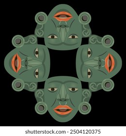 Geometrical ethnic ornament or frame with Pre-Columbian Native American jade masks of Maya Indians. Indigenous art. Green human heads with red lips. Isolated on black background.