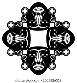 Geometrical ethnic ornament or frame with Pre-Columbian Native American human masks of Maya Indians. Indigenous art. Black and white silhouette.