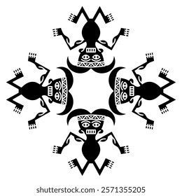 Geometrical ethnic ornament or frame with stylized human figurines. Indian men. Indigenous Native American design from ancient Peru. Recuay culture. Black and white silhouette.