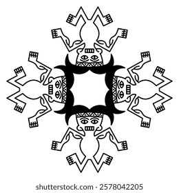 Geometrical ethnic ornament or frame with stylized human figurines. Indian men. Indigenous Native American design from ancient Peru. Recuay culture. Black and white silhouette.