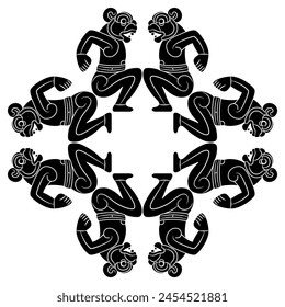 Geometrical ethnic ornament with seated anthropomorphic jaguar men. Native American animal design of Totonac Indians from Veracruz, Mexico. Indigenous mythology. Black and white silhouette.