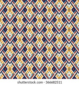 Geometrical ethnic ornament with triangles, stripes and rhombus; mexican or american native print; vector seamless pattern