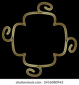 Geometrical ethnic rectangular frame with decorative swirls. Native American Veracruz style from Mexican. Golden glossy silhouette on black background.