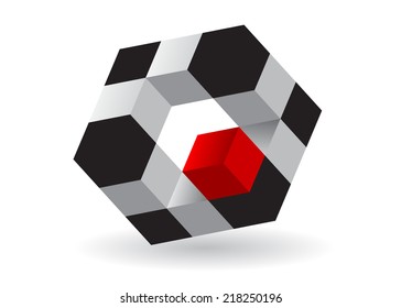 geometrical figure. Abstract volume cube, black, white and red color