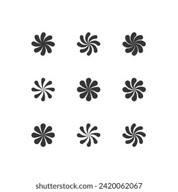 Geometrical figure with drop element. Spiral element. Set of 9 geometric shape. Modern linear design swirl emblem.