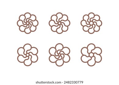 Geometrical figure with drop element. Spiral element. Set of 6 geometric shape. Modern linear design swirl emblem.