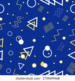 Figura geométrica. Patrón sin inconvenientes con triángulos, círculos, puntos y palos.  Fondo azul. Diseño de postales, carteles, volantes y ropa. El estilo Memphis. Diseño para sitios web y tiendas.