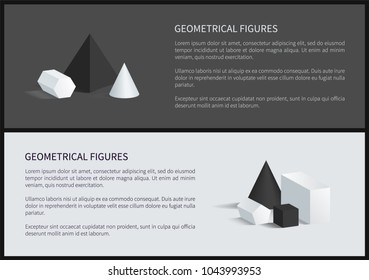 Geometrical figures banners with informational text, lettering and pyramid cone, cube and cuboid, geometrical figures, isolated on vector illustration