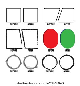 Geometrical Figures Before And After Set Vector. Collection Of Before And After Empty Square And Circle Shapes. Red And Green Rectangle. Comparison Shapes Concept Template Illustrations