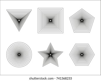 Geometrical figures: circle, square, triangle, star, pentagon, hexagon. Black and white vector striped pattern