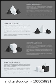 Geometrical figures collection, posters with text sample and titles, sphere and pentagonal prism, cube and cuboid, isolated on vector illustration