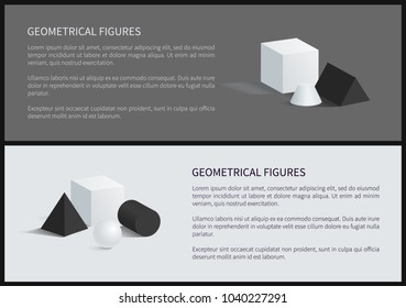 Geometrical figures posters collection, square pyramid, sphere and cube, blunted cone and geometrical fugures set, isolated on vector illustration