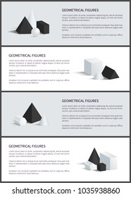 Geometrical figures set posters, collection of geometrical figures, pyramid and cube, cone and cuboid, prism and text sample, vector illustration