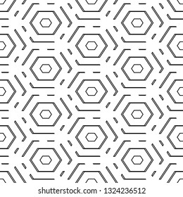 Geometrical figures wallpaper. Hexagons, lines, curves pattern. Geometric background. Simple shapes backdrop. Polygons motif. Digital paper, abstract. Seamless ornament