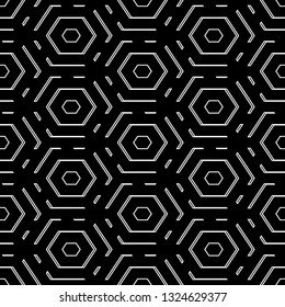 Geometrical figures wallpaper. Hexagons, lines, curves pattern. Geometric background. Simple shapes backdrop. Polygons motif. Digital paper, abstract. Seamless ornament.