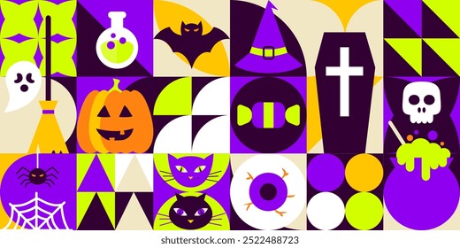 Geometrical Flat Halloween Banner. Vector Illustration of Flat Style. Trick or Treat. Scary Party Concept.