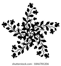 Geometrical floral decor. Five point star made of blooming branches. Black silhouette on white background.