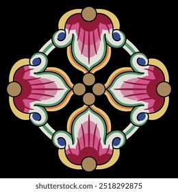 Geometrical floral design in old Russian medieval folk style. Cross shape ornament with four stylized flowers. 