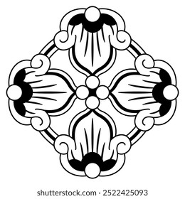 Design floral geométrico no antigo estilo folclórico medieval russo. Ornamento em forma de cruz com quatro flores estilizadas. Silhueta em preto e branco.