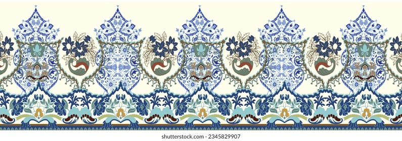 Geometrical Floral Designs Textile Border Ornaments Paisley Pettern Seamless,