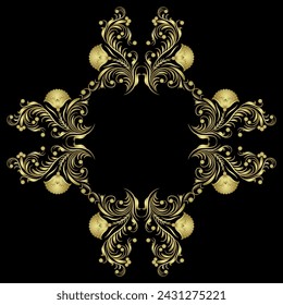 Geometrical floral frame with blooming branches. Folk Russian medieval motif. Ornate botanical border. Golden glossy silhouette on black background.