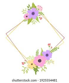 Geometrical floral frame. Romantic element. Spring wedding invitation. Template design. Hand drawn vector flowers