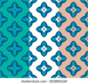 Geometrical floral grid seamless pattern in blue color. Four petals symbolic flower. Green, white, pink easy editable background. Vector