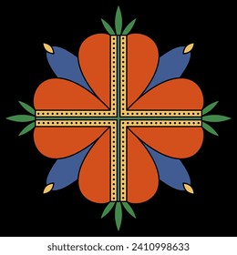 Geometrical floral mandala. Stylized cross shape flower. Medieval abstract design. On black background.