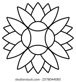 Geometrical floral mandala with stylized lotus flowers. Ancient Egyptian ethnic design. Black and white linear silhouette.