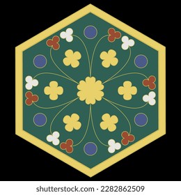 Geometrical floral ornament in hexagon shape. Medieval French design. On black background.