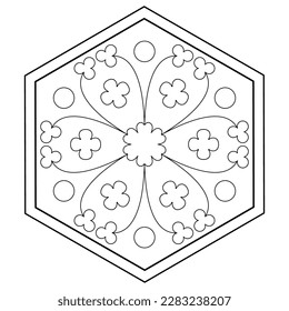 Geometrical floral ornament in hexagon shape. Medieval French design. Black and white linear silhouette.