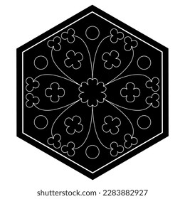 Geometrical floral ornament in hexagon shape. Medieval French design. Black and white negative silhouette.