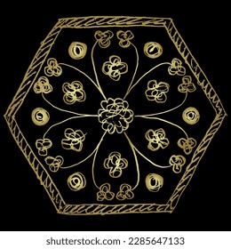 Geometrical floral ornament in hexagon shape. Medieval French design. Hand drawn linear doodle rough sketch. Golden silhouette on black background.