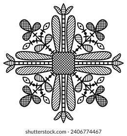 Geometrical floral ornament or square mandala in folk style. Black and white linear silhouette.