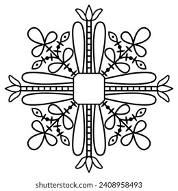 Geometrical floral ornament or square shape frame in folk style. Black and white linear silhouette.