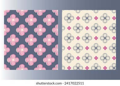 Geometrical floral ornamental seamless patterns, decorative set of 2. Abstract graphic flower images. Pink blue colors palette. Vector illustration