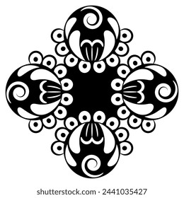 Geometrical floral rhombus shape ornament with four stylized rosebuds. Ornate design with rose flowers. Folk style. Black and white silhouette.