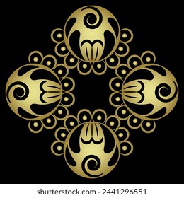 Geometrical floral rhombus shape ornament with four stylized rosebuds. Ornate design with rose flowers. Folk style. Black and gold silhouette.