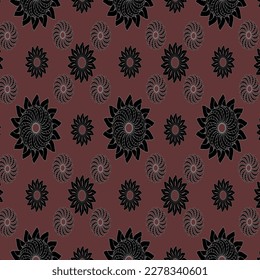 Geometrical floral vector repeat pattern with black color flowers on Coral Brown color background.