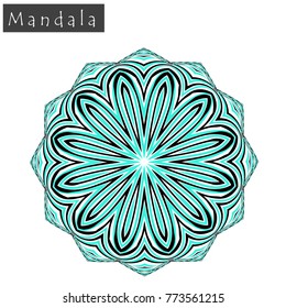 Geometrical flower mandala sign.Abstract geometric shape roughly hand drawn. Striped symmetrical geometrical symbol. Vector mandala icon isolated on white. Tribal ethnic pattern design element.