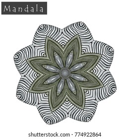 Geometrical flower mandala sign.Abstract geometric shape roughly hand drawn. Striped symmetrical geometrical symbol. Vector mandala icon isolated on white. Tribal ethnic pattern design element.