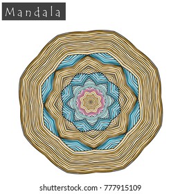 Geometrical flower mandala sign.Abstract geometric shape roughly hand drawn. Striped symmetrical geometrical symbol. Vector mandala icon isolated on white. Tribal ethnic pattern design element.