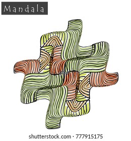 Geometrical flower mandala sign.Abstract geometric shape roughly hand drawn. Striped symmetrical geometrical symbol. Vector mandala icon isolated on white. Tribal ethnic pattern design element.