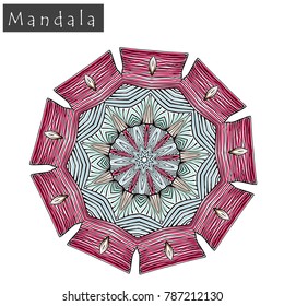 Geometrical flower mandala sign.Abstract geometric shape roughly hand drawn. Striped symmetrical geometrical symbol. Vector mandala icon isolated on white. Tribal ethnic pattern design element.