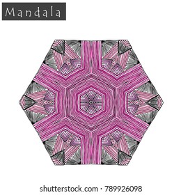 Geometrical flower mandala sign.Abstract geometric shape roughly hand drawn. Striped symmetrical geometrical symbol. Vector mandala icon isolated on white. Tribal ethnic pattern design element.