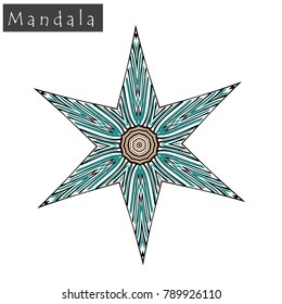 Geometrical flower mandala sign.Abstract geometric shape roughly hand drawn. Striped symmetrical geometrical symbol. Vector mandala icon isolated on white. Tribal ethnic pattern design element.