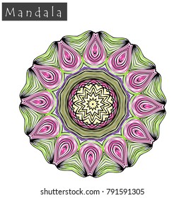Geometrical flower mandala sign.Abstract geometric shape roughly hand drawn. Striped symmetrical geometrical symbol. Vector mandala icon isolated on white. Tribal ethnic pattern design element.