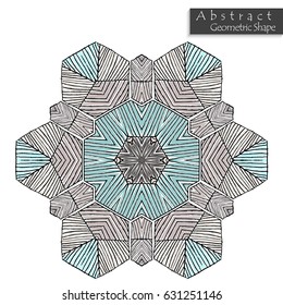 Geometrical flower sign.Abstract geometric shape roughly hand drawn. Striped symmetrical geometrical symbol. Vector icon isolated on white. Tribal ethnic pattern design element.