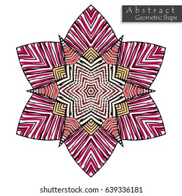 Geometrical flower sign.Abstract geometric shape roughly hand drawn. Striped symmetrical geometrical symbol. Vector icon isolated on white. Tribal ethnic pattern design element.