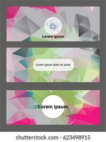 Geometrical flyer template. Trendy vector banners set. Polygonal triangular background. Business abstract background. Internet technology banner, card or flyer. Scientific or technical report header.